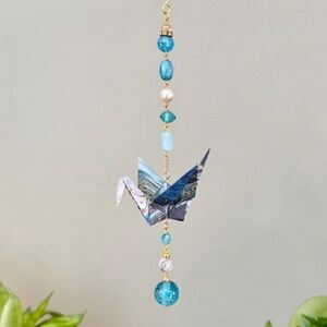 Origami Ornament #2390 - Medium Crane with Glass Beads